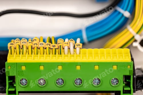 Preview: Voltage switchboard with circuit breakers, close up.