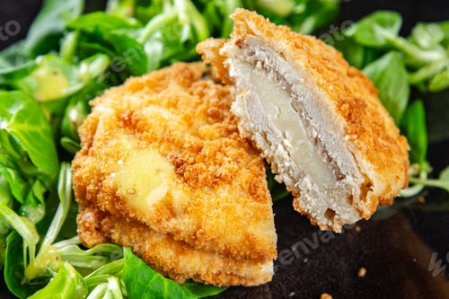 Preview: cutlet cordon bleu chicken meat, ham, cheese natural fresh appetizer meal food snack on the table