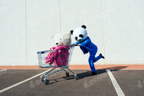 Preview: Storytelling image of a couple wearing giant panda head