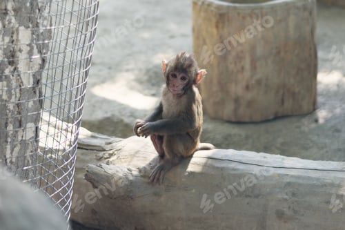 Preview: Little monkey sitting on a tree branch at zoo