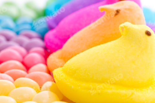 Colorful Marshmallow Chicks and Jelly Beans Close Up