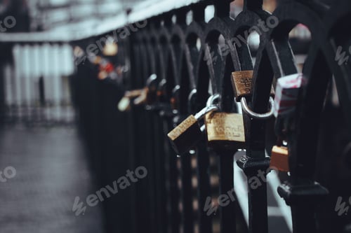 Preview: Locks in a fence. Valentine's day. Selective focus. Joy. Commitment. Proposal. Desaturated.