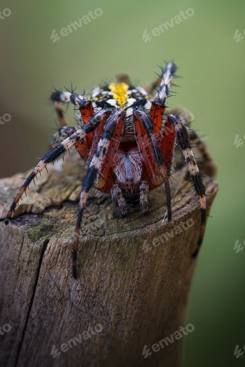Preview: A macro shot of a red and black spider sitting on a wooden post