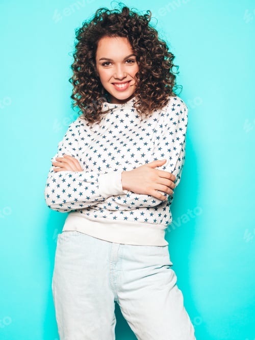 Preview: Portrait of young funny woman posing in studio