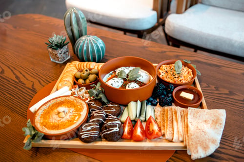 Preview: Tray with traditional arabic breakfast on a table