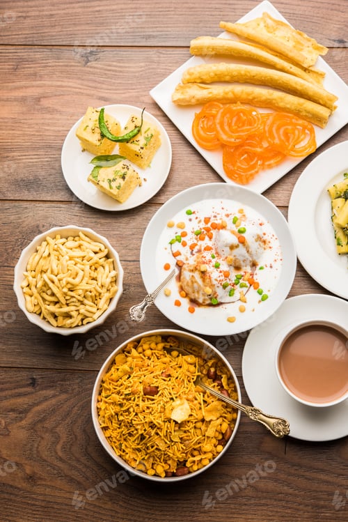 Preview: Group of Gujarati snacks food from India