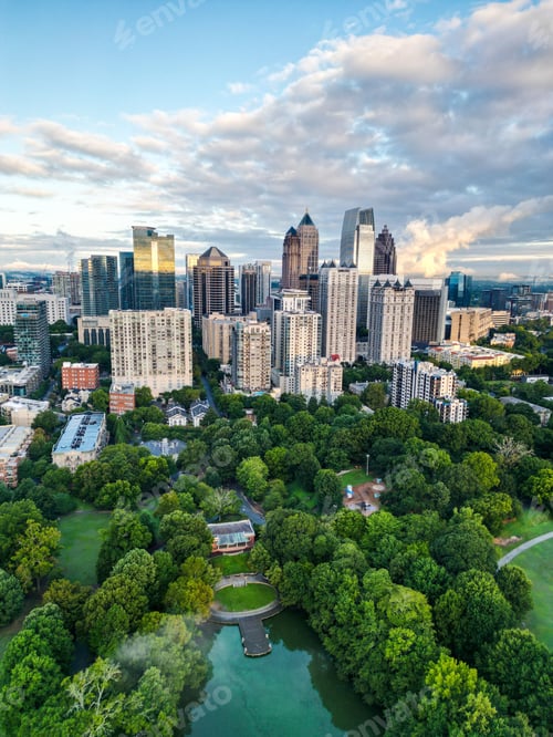 Preview: Vertical drone view of the Downtown Atlanta with modern buildings and a large green park, Georgia