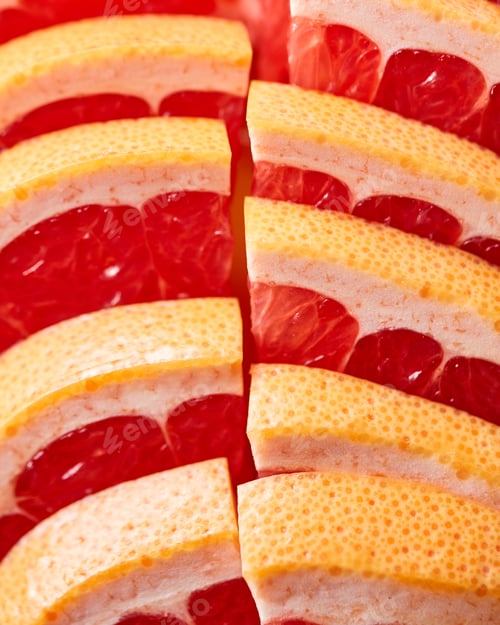Preview: Fresh slices of ripe grapefruit presented in a row. Healthy Diet Fruit. Flat lay