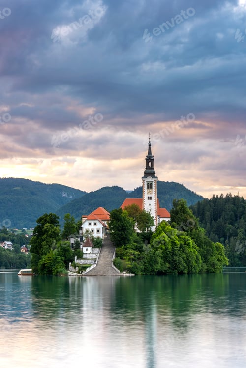 Preview: Faitytale Bled Lake with Island Church at Romantic Sunrise, Slovenia