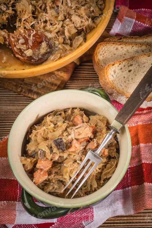 Preview: Bigos - stewed cabbage with meat,dried mushrooms and smoked sausage.