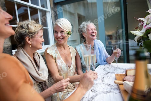 Preview: Elegant mature women enjoying champagne in urban garden