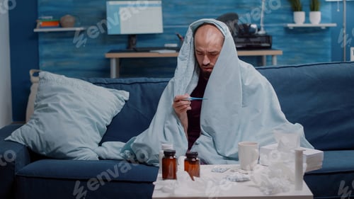 Preview: Ill man in blanket measuring temperature with thermometer