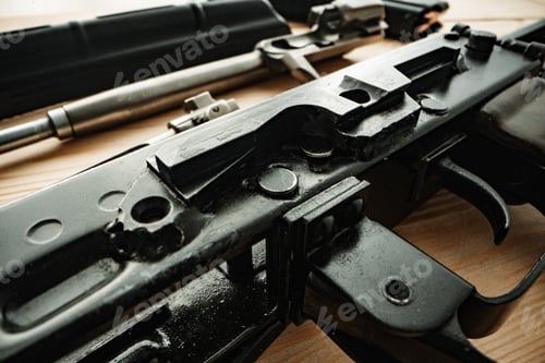 Preview: Shotgun parts on the wooden table background.