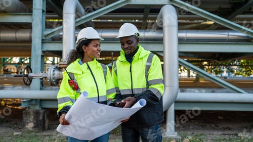 Preview: Young mechanical engineer holding blueprint drawing to checking.