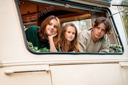 Preview: Children,family,brother sister traveling in camper,house on wheels. Trailer motor home.Looking in