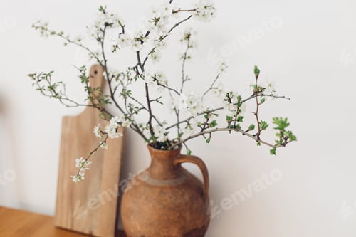 Preview: Blooming cherry branches in old vase and wooden board on table against white wall