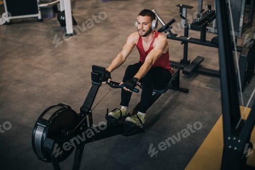 Preview: Young man doing workouts on a back with power exercise machine in a gym club