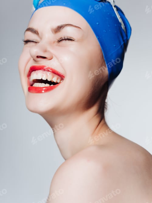 Preview: woman with bare shoulders swimming goggles red lips sport fitness