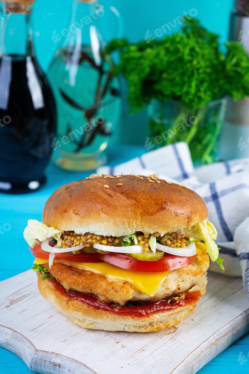 Preview: Tasty chicken burger with lettuce, cheese, tomato and pickle. Fast food sandwich with chicken cutlet