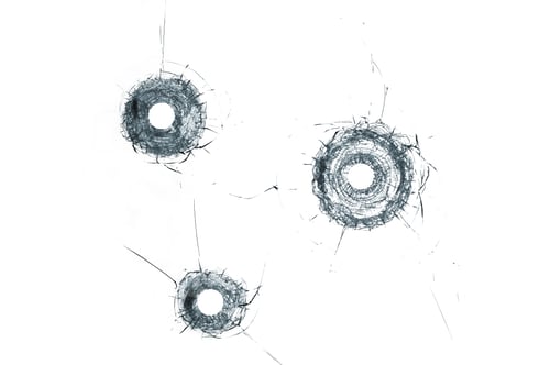 Preview: Broken glass triple bullet holes in glass isolated on white