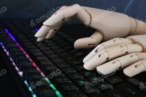 Preview: AI artificial intelligence concept - robot hands typing on lit keyboard