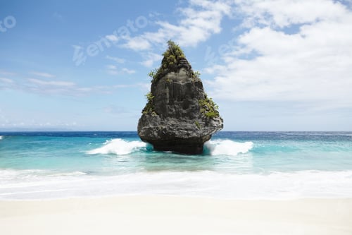 Preview: Nature, tourism, travel, adventure, paradise and seascape. Scenic view of isolated rocky island with