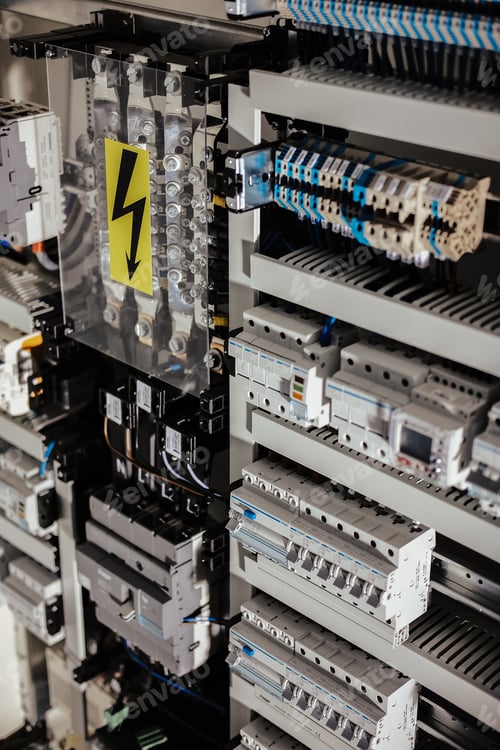 Preview: Vertical shot of cords and wiring with a warning shock sign