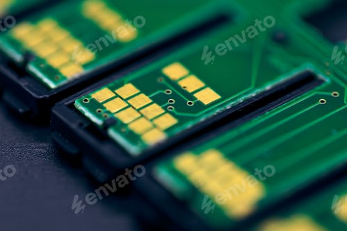 Preview: Macro shot of a green electronic circuit board with its small details