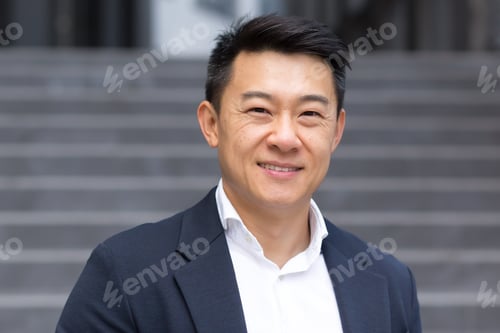 Preview: Portrait of Asian cheerful and successful businessman near office in business