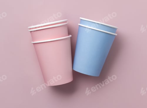 Preview: Disposable light blue and pink paper cups topview, mockup, copy space. Single-use take off cups