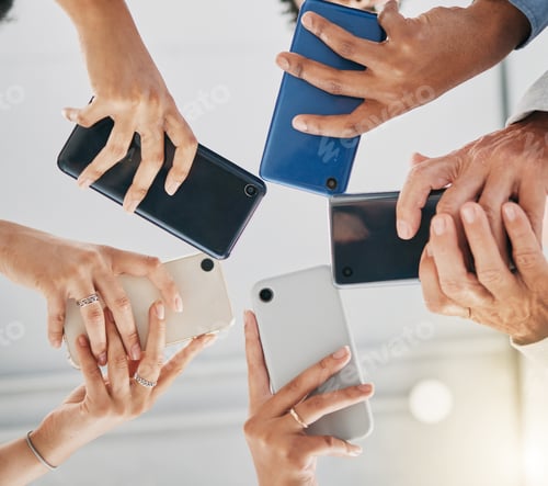 Preview: Business people diversity, hands or phone in circle for digital marketing schedule, brand advertisi