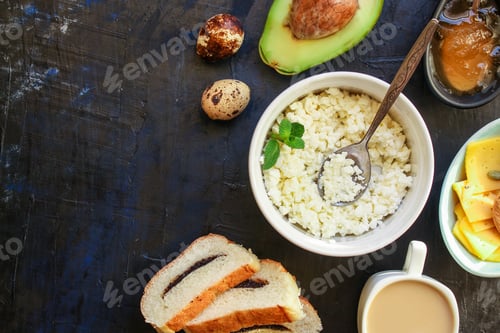 Preview: Healthy Breakfast, Cottage Cheese, Coffee And Other (Tasty Snack) Menu Concept Background. Top