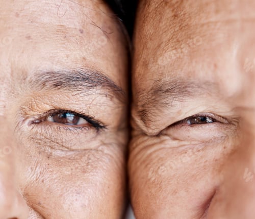 Preview: Love, eyes and half with a senior couple closeup, face touching skin wrinkles for romance in retire