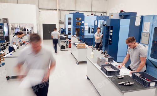 Preview: Busy Engineering Workshop With Workers Using CNC Machinery