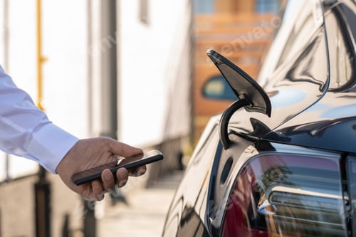 Preview: Hand of young contemporary man with smartphone in front of electric car