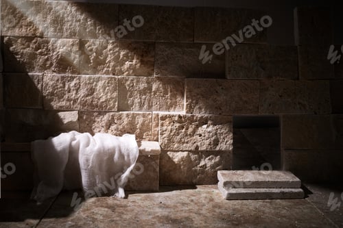 Preview: Empty tomb while light shines from the outside. Jesus Christ Resurrection. Christian Easter concept.