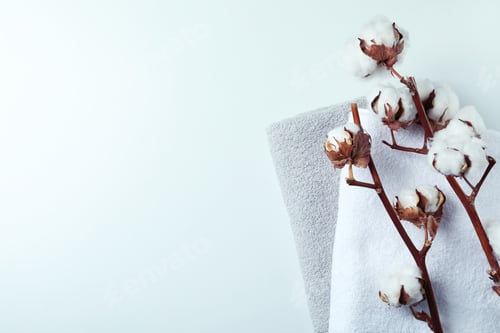 Preview: Cotton plant branches and towels on white background