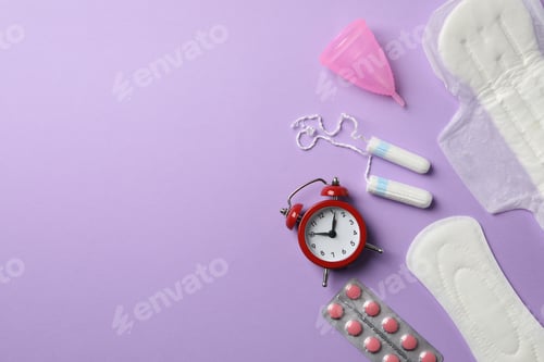 Preview: Menstruation period concept on violet background, space for text
