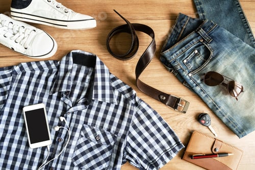 Preview: Flat lay of men casual fashion outfits on wooden background