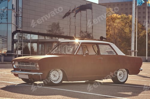 Preview: Tuned old retro car with country style in the city parking near skyscraper at bright sunset.