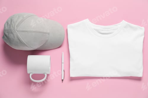 Preview: Different blank items for branding on pink background, flat lay. Mockup for design