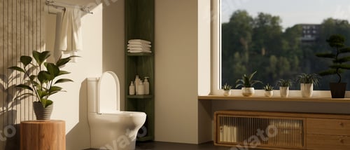 Preview: Beautiful cozy contemporary bathroom interior design with toilet, bath accessories