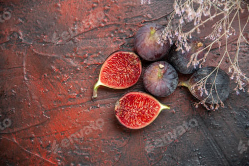 Preview: Overhead view of full fresh black mission figs split ones on colorful background