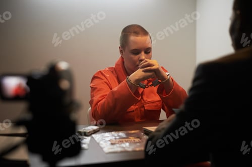 Preview: Young Caucasian Woman in Handcuffs Sitting in Prison Interrogation Room