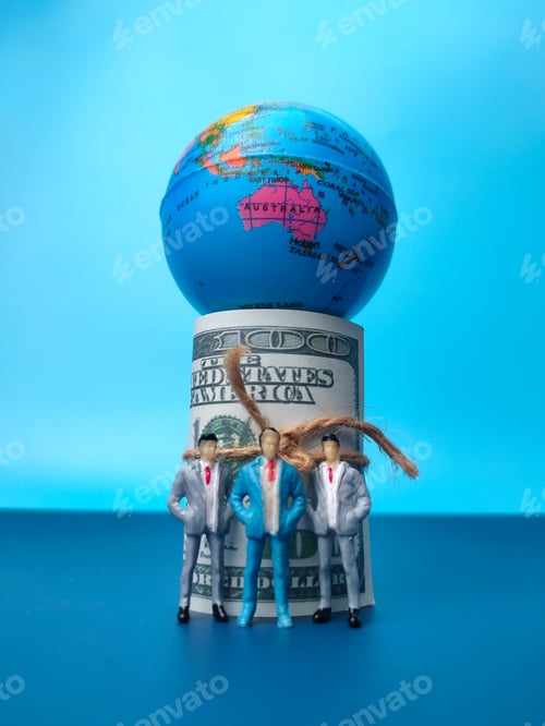 Preview: Banknotes,globe and miniature people on a blue background. Business concept wallpaper.