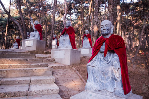 Preview: Forest with stone statues of monks wearing red mantles