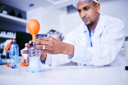 Preview: Chemistry, balloon and father with child in laboratory for medical research, science and education.