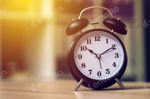 Preview: Classic alarm clock showing time during working hours in office