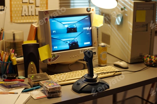 Preview: Workspace Featuring Retro Computer With Racing Game Setup
