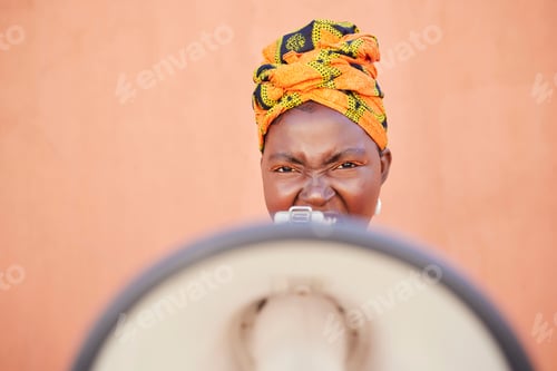 Preview: Megaphone, angry and portrait of black woman shout for democracy vote, justice and BLM protest mock
